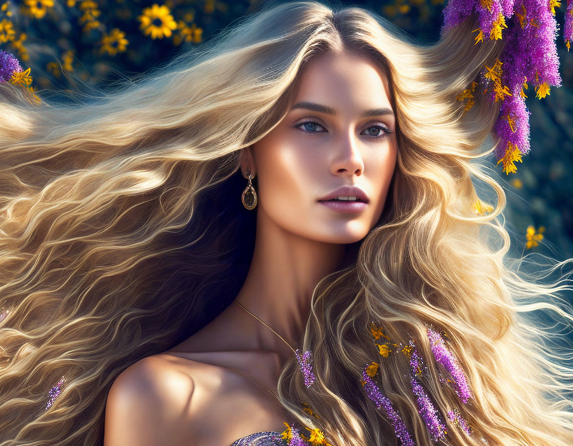 Blonde Woman with Flowers in Natural Setting