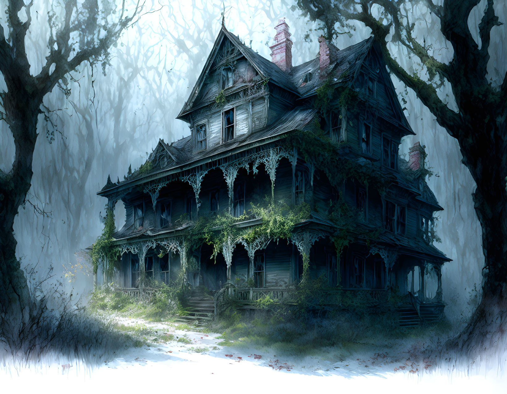 Eerie Victorian mansion in mist with overgrown greenery