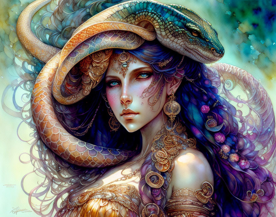 Fantasy artwork: Woman with blue skin, jewelry, snake, vibrant colors
