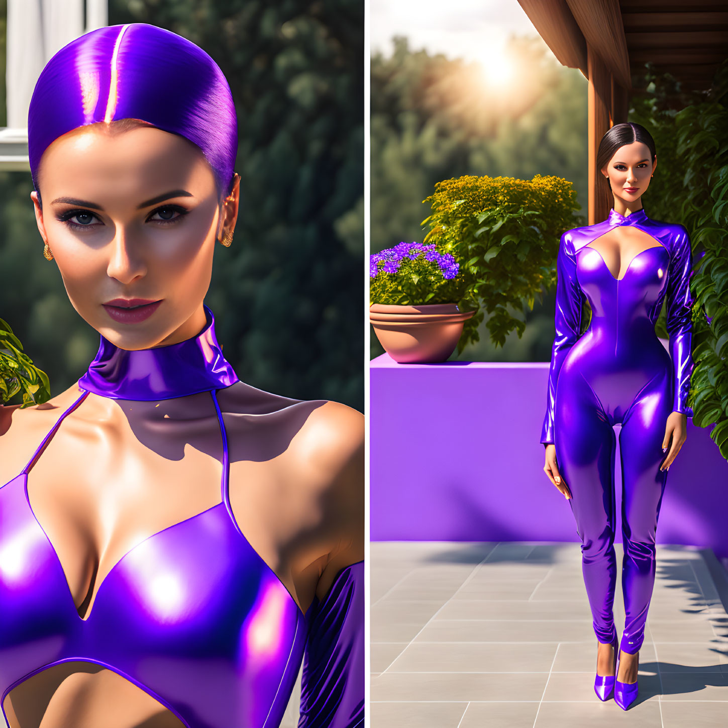 Violet-skinned woman in skin-tight attire on sunny terrace with plants