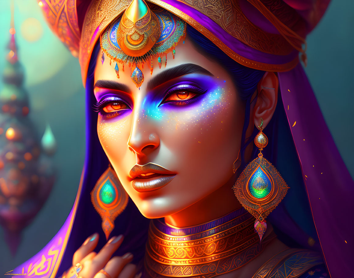 Ornate golden jewelry on woman with purple headscarf