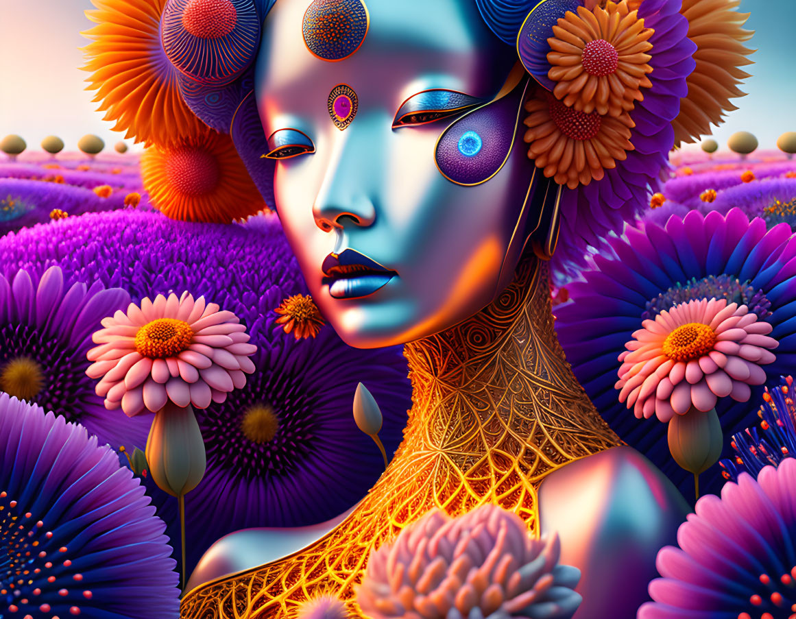 Colorful digital artwork of a surreal female figure with blue skin and intricate patterns, surrounded by vibrant floral