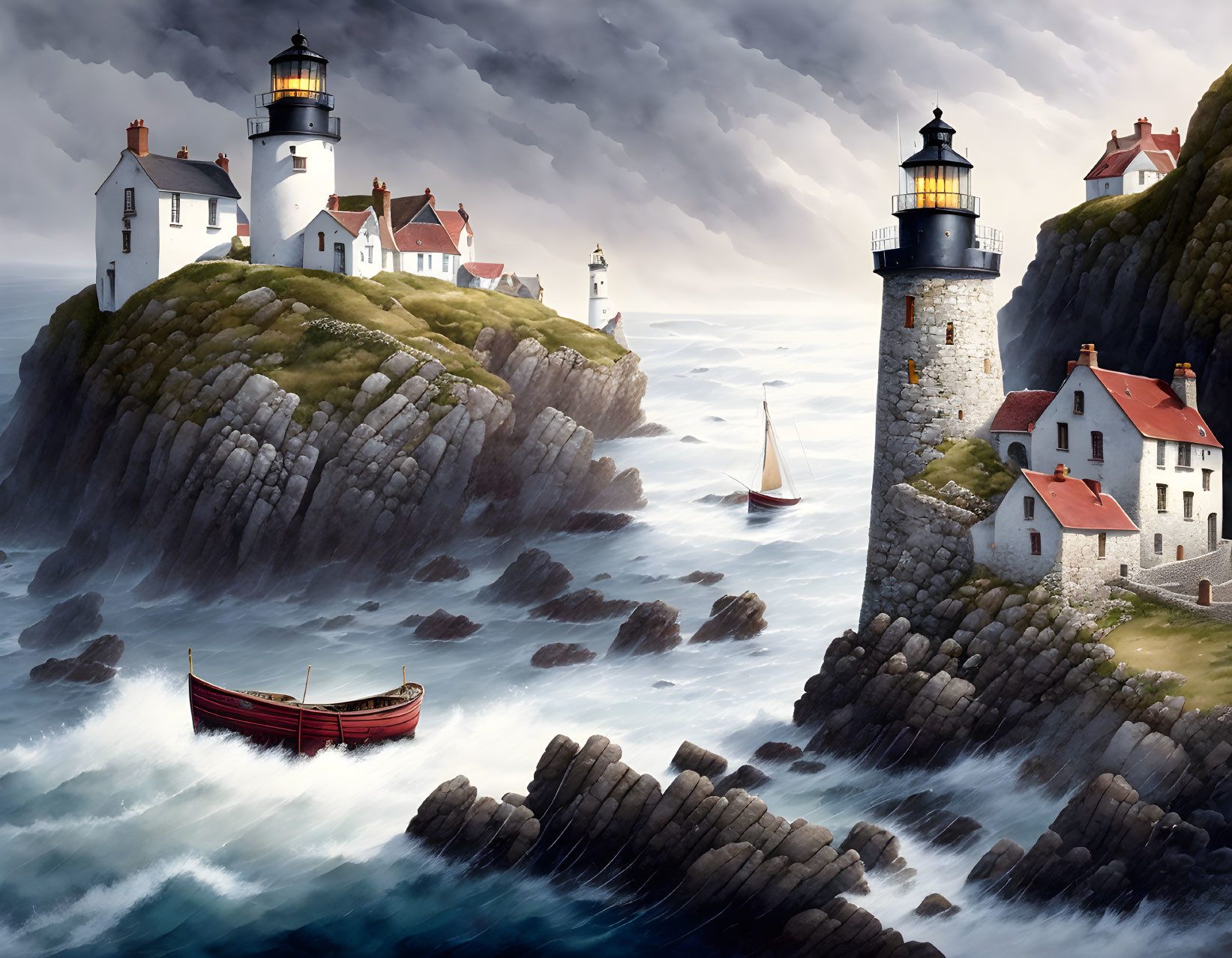 Dramatic seascape with two lighthouses, sailing boat, and stormy skies