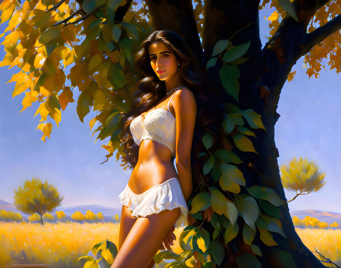 Woman in white lingerie leaning against tree in golden field scenery