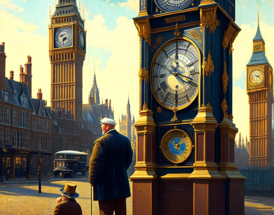 Vintage-style illustration of tourists by ornate street clock with Big Ben in background