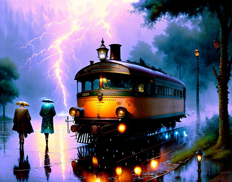 Vintage tram lights up rainy cobblestone street at twilight