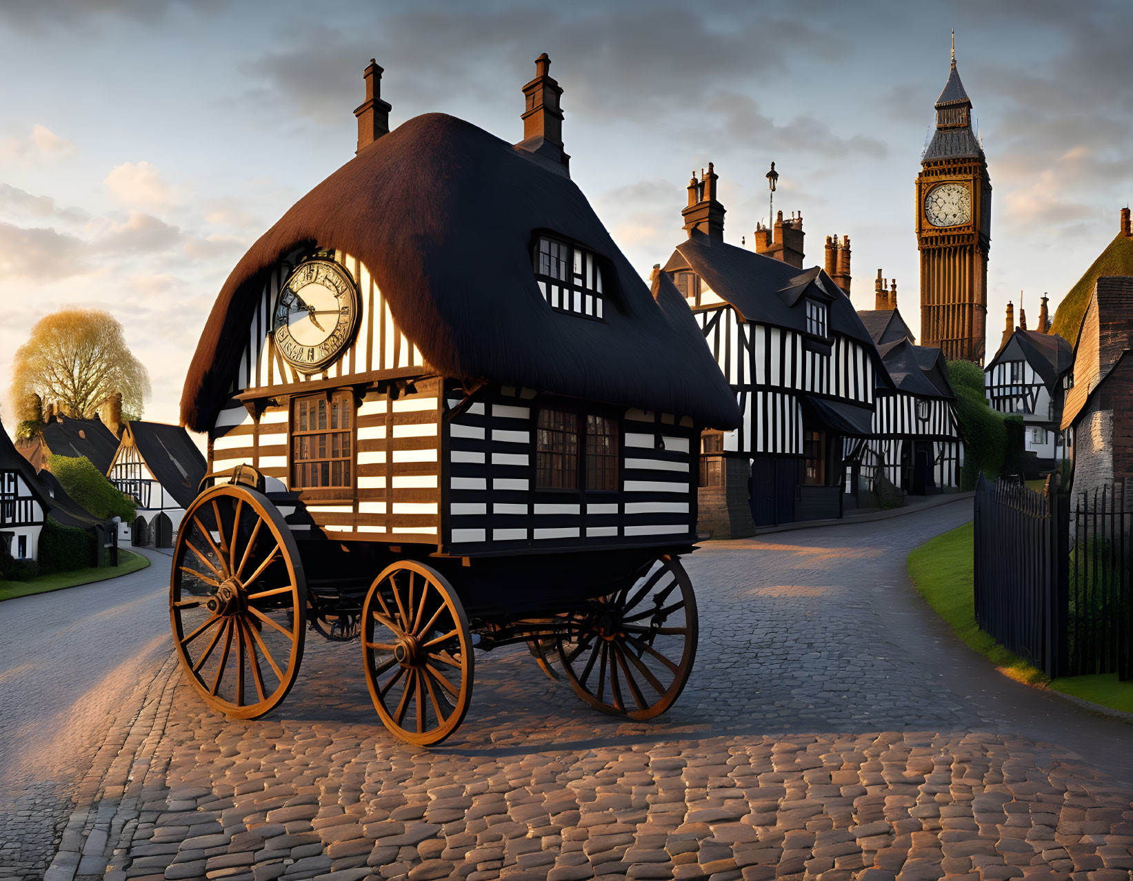 Quaint thatched cottage carriage near Big Ben at sunset