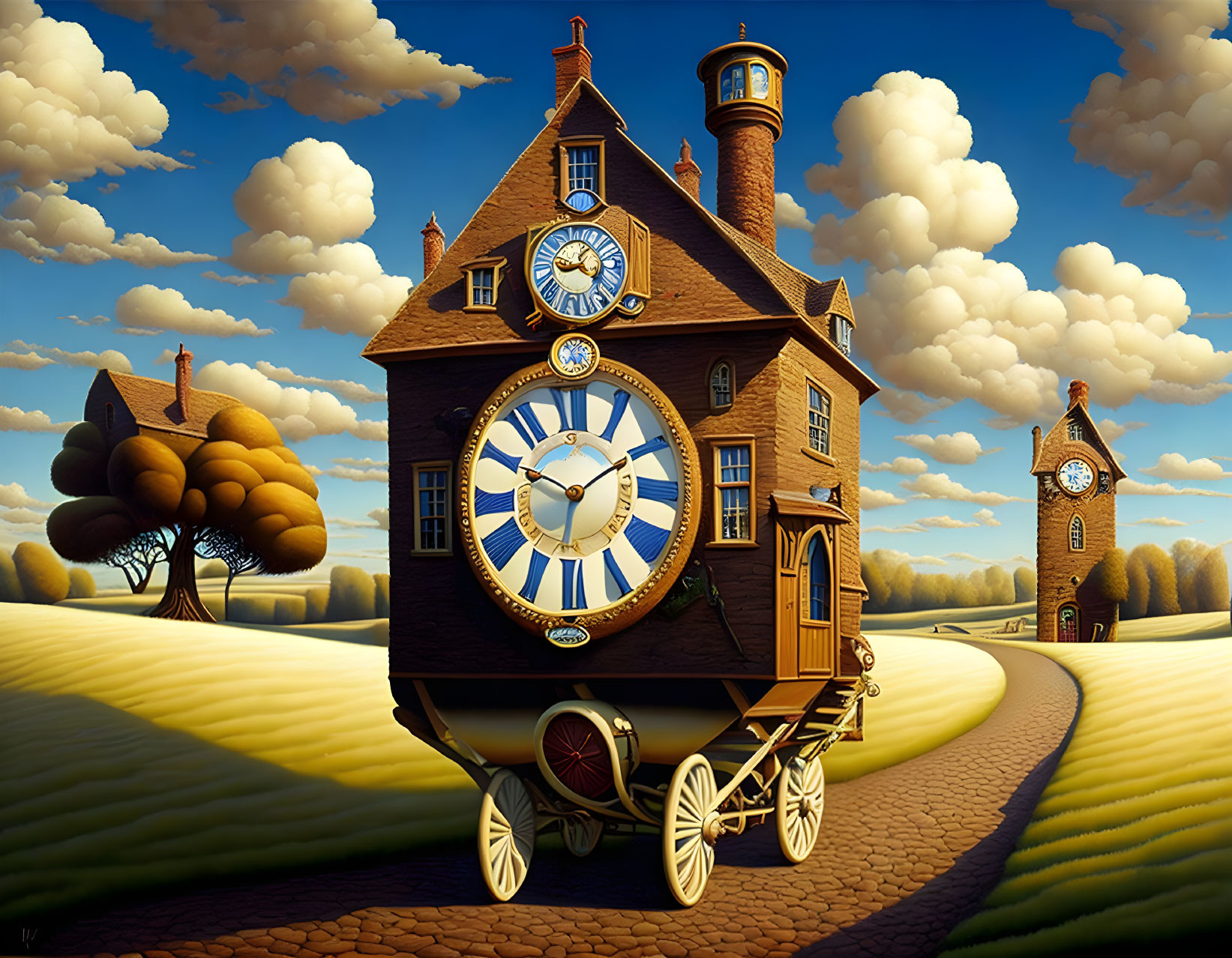 Whimsical painting of vintage clock house on wheels with rolling hills