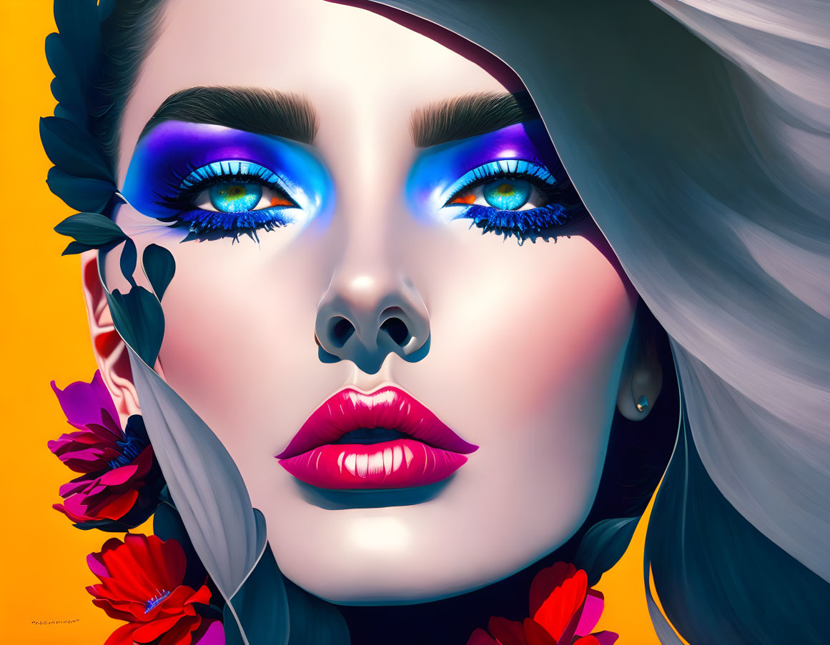 Colorful digital portrait of a woman with blue eye shadow and red flowers on yellow background