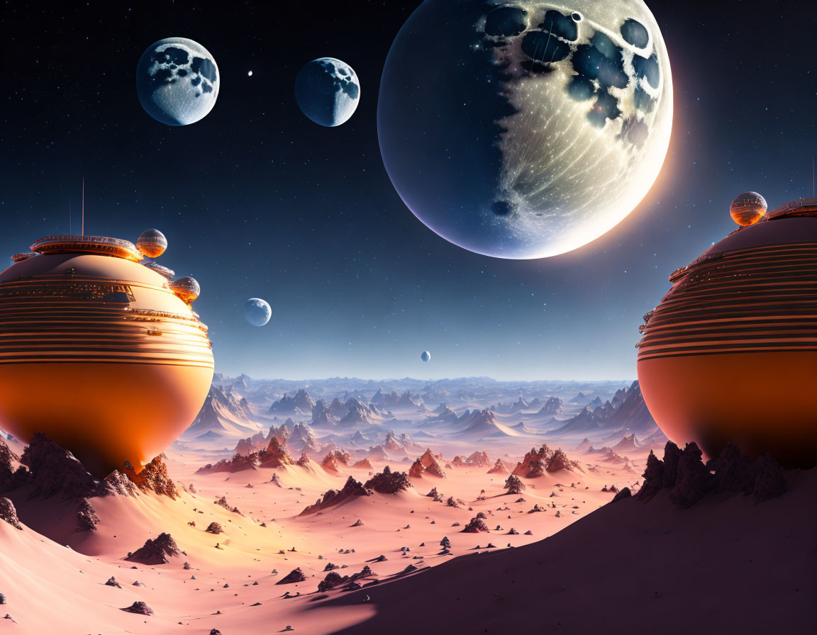 Futuristic desert planet with spherical buildings and multiple moons