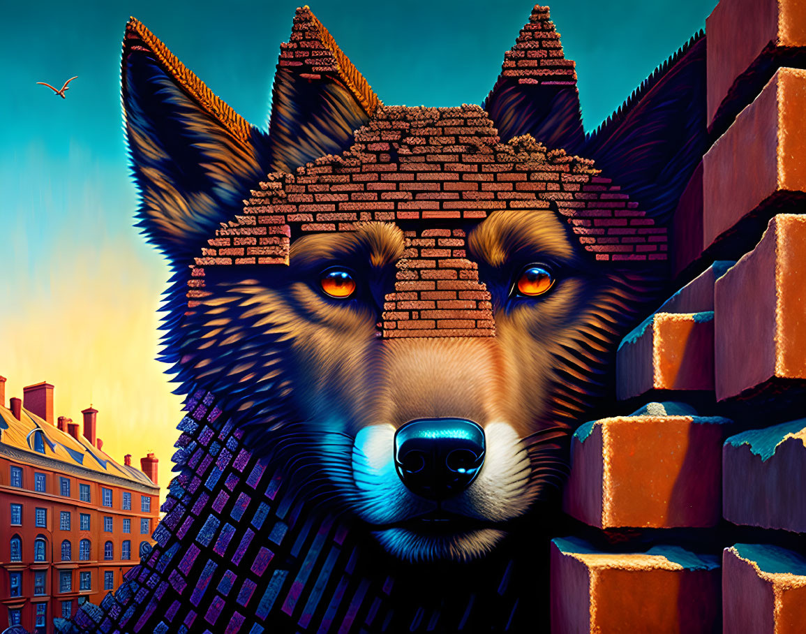 Surreal wolf illustration with brick-textured fur in broken wall setting at sunset