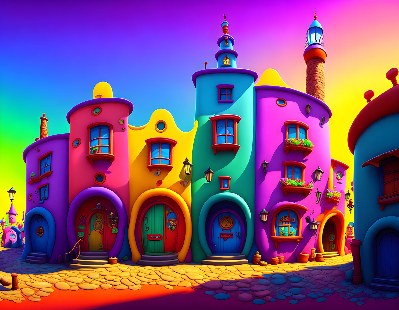 Vibrant cartoon-style village with lighthouse and whimsical sky