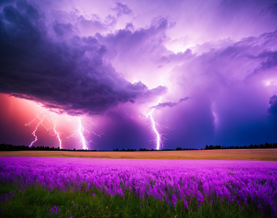 Vivid purple lavender field under dramatic sky with lightning strikes