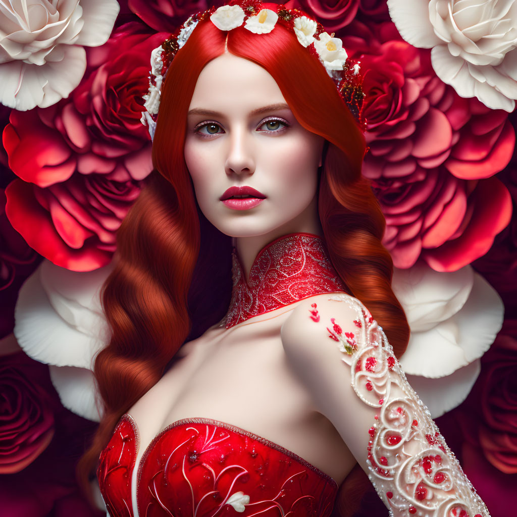 Red-haired woman in floral red dress among lush roses