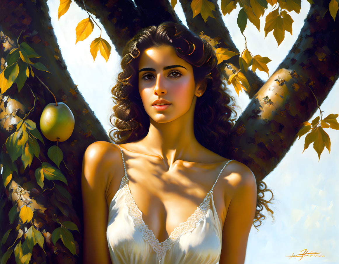 Realistic painting of woman under sunlit tree with apple