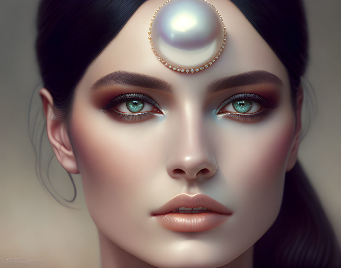 Portrait of woman with turquoise eyes and pearl headpiece