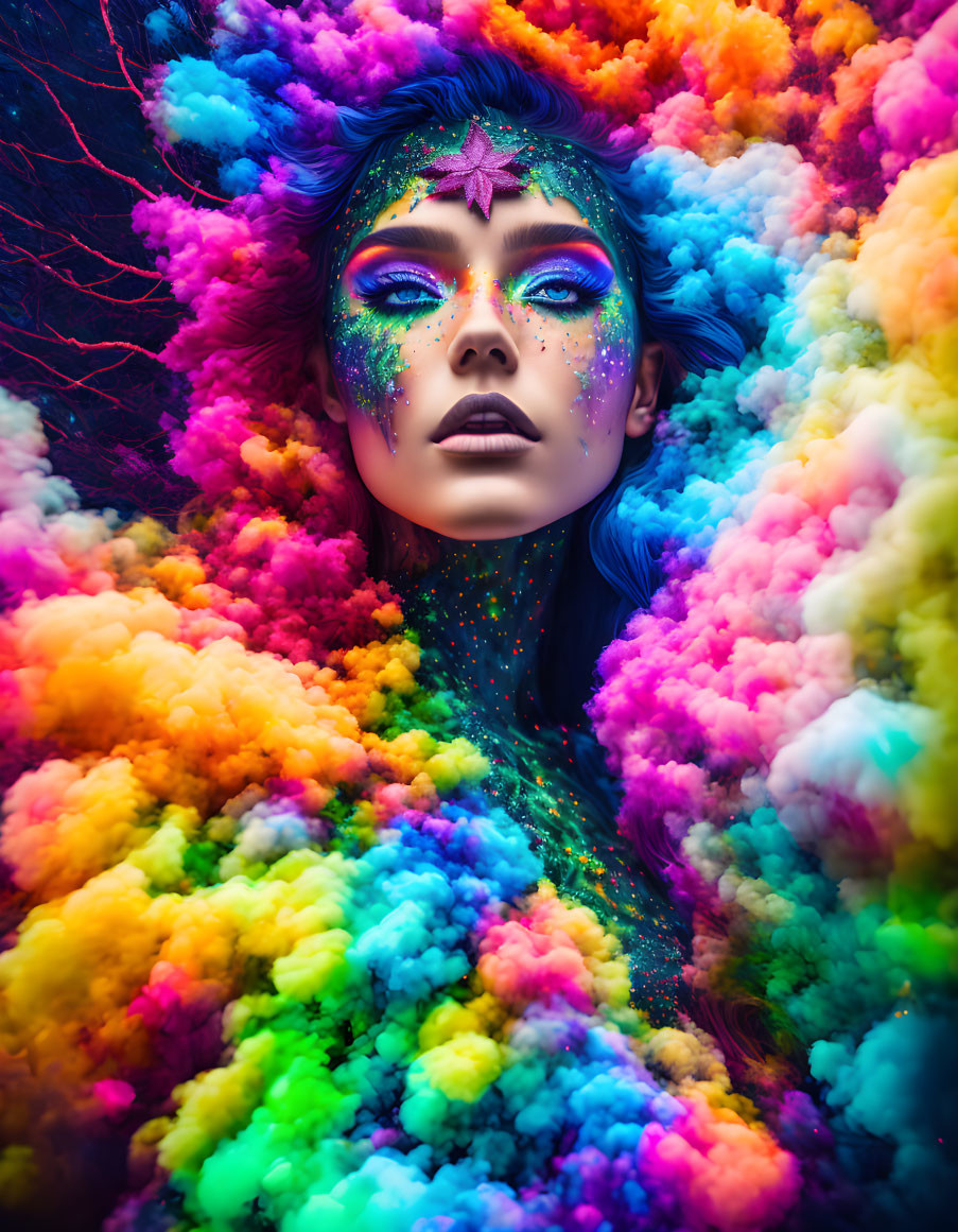 Vibrant blue-skinned woman in colorful powder clouds with star makeup