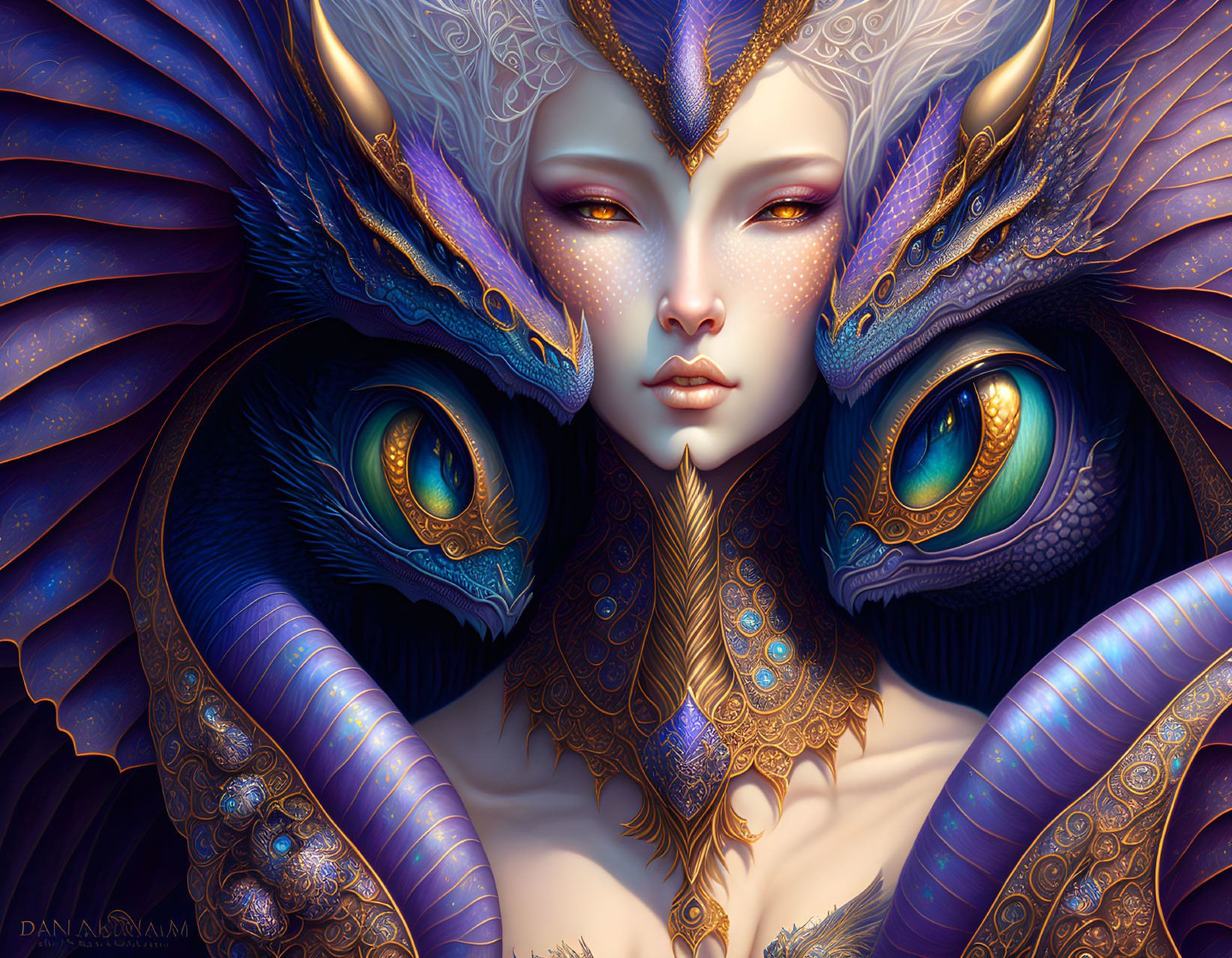 Fantasy illustration: Woman with dragons in blue scales.