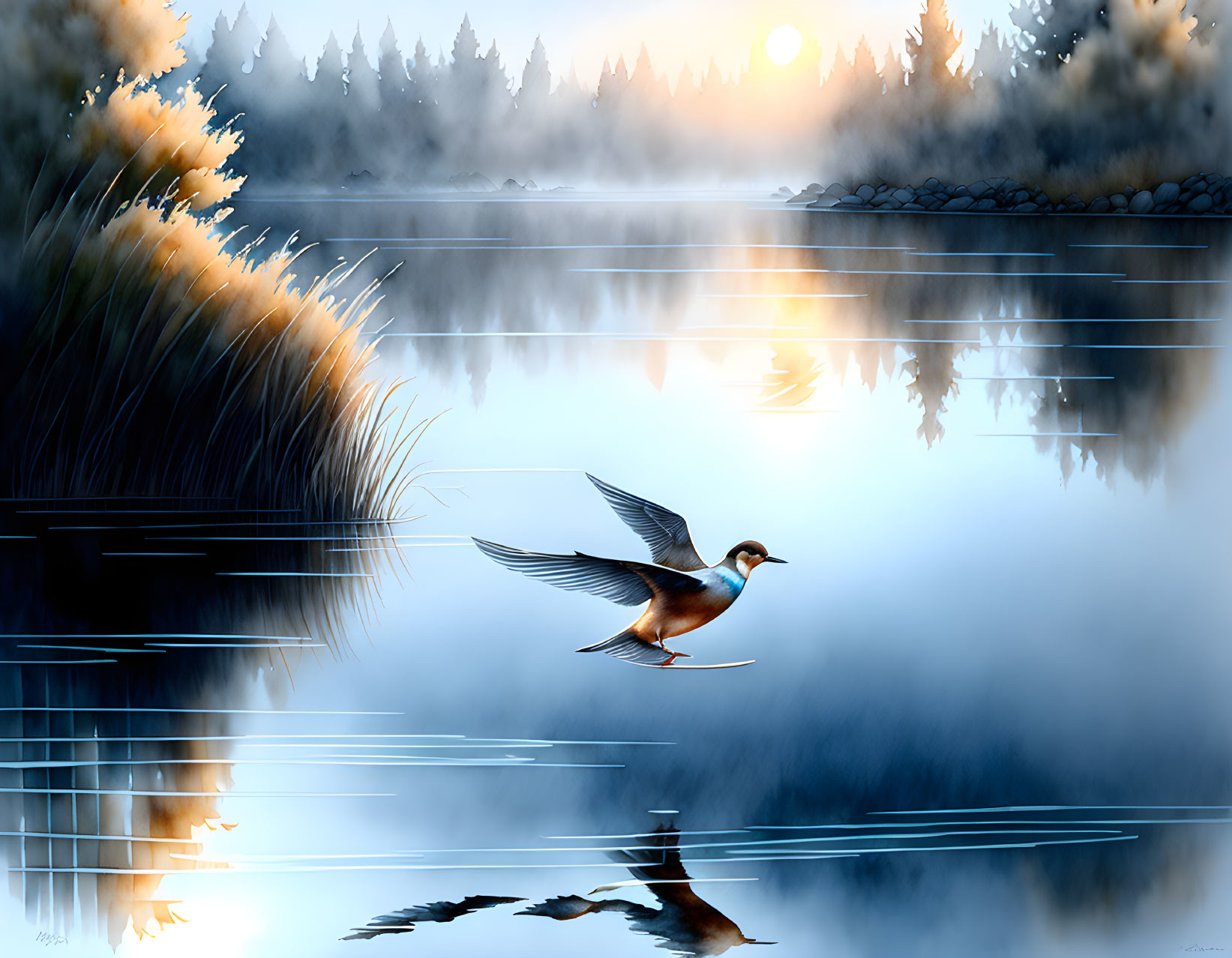 Duck in Flight Over Tranquil Lake at Sunset