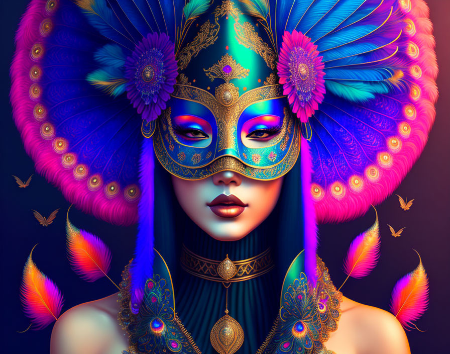 Colorful Woman with Peacock-Feather Mask and Butterflies