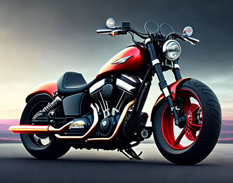 Red and Black Motorcycle with Chrome Accents and Round Headlight