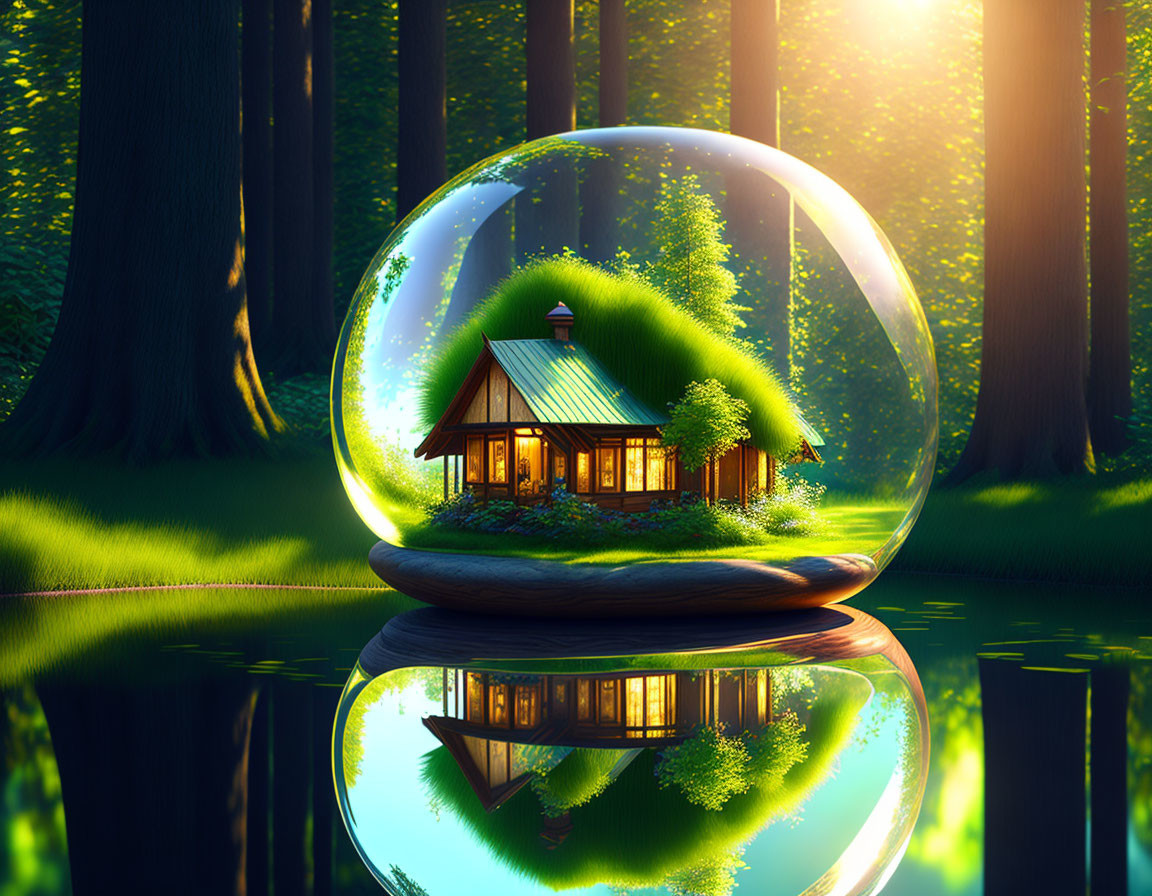 Tranquil forest scene with crystal globe, miniature house, and lush greenery