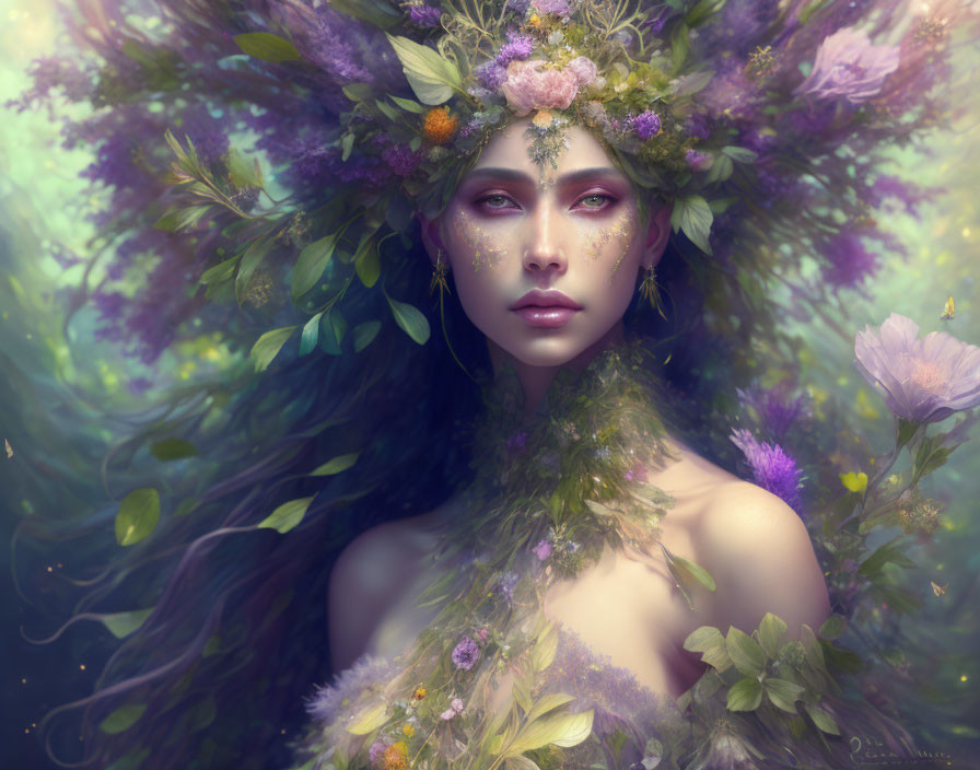 Mystical female figure with flower crown in ethereal setting