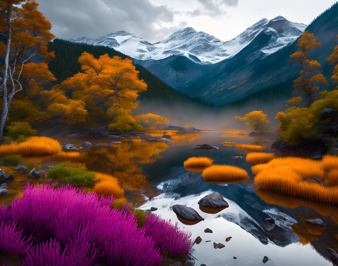 Colorful autumn landscape with misty river, snow-capped mountains, and dramatic sky