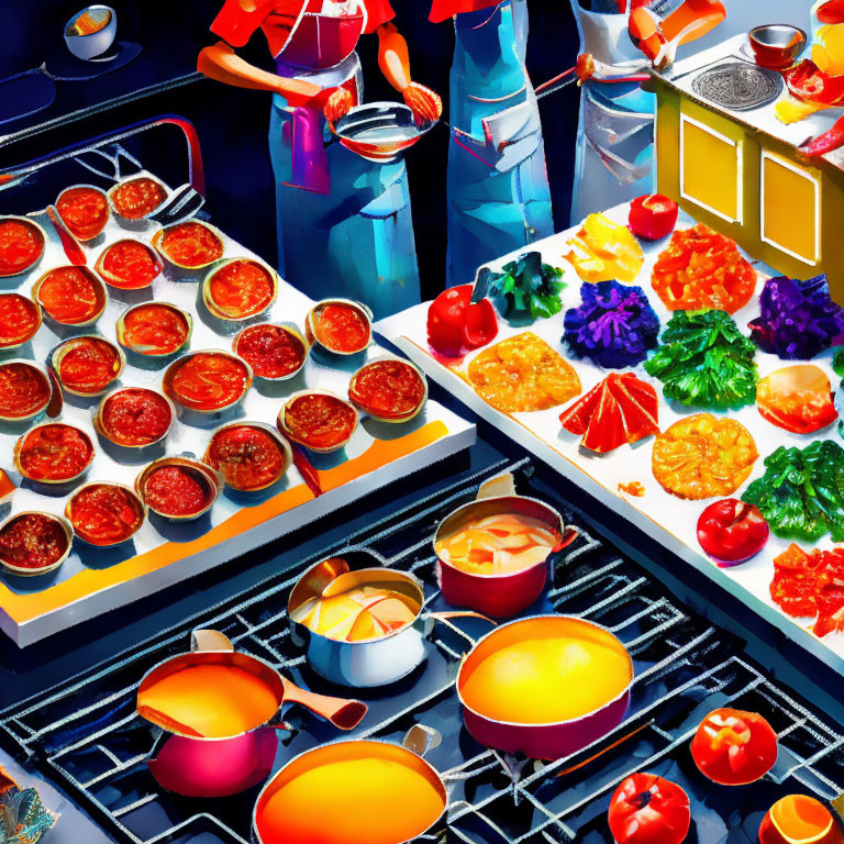 Colorful Kitchen Scene with Ingredients and Pots on Stovetop