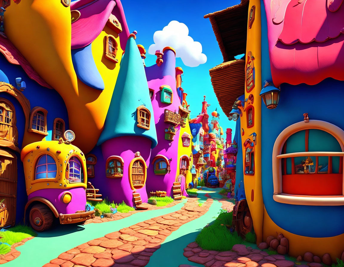 Colorful animated streetscape with whimsical buildings and sunny sky
