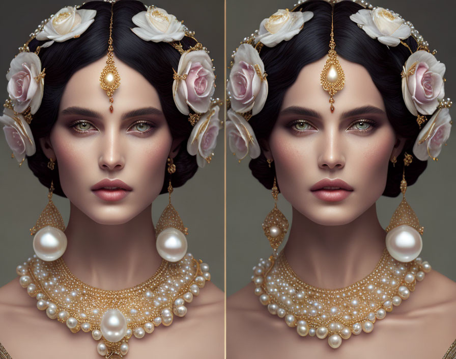 Elaborate pearl and gold jewelry on woman in digital diptych