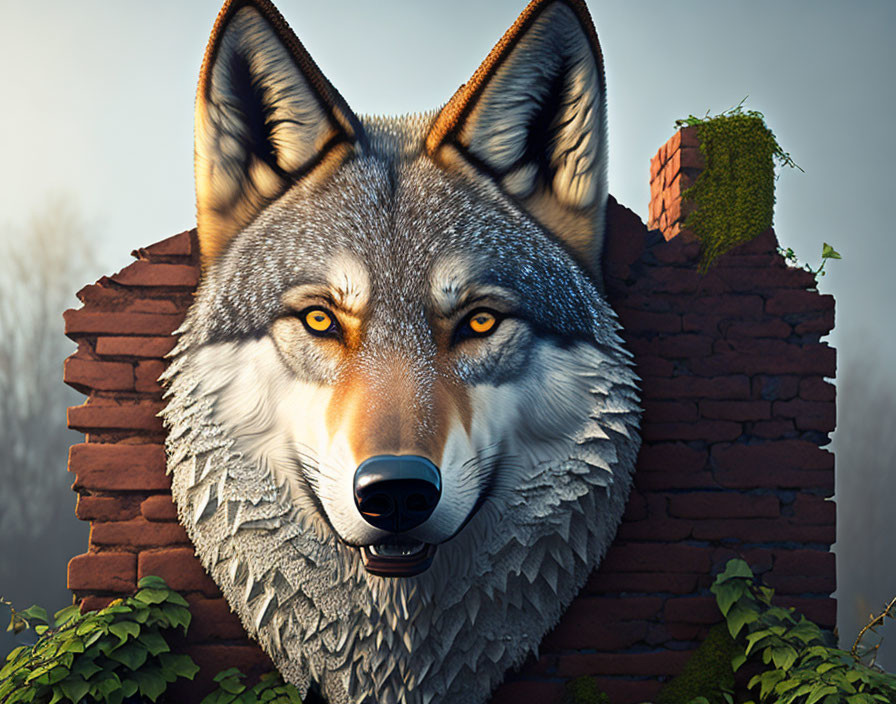 Hyper-realistic wolf head breaking through brick wall under hazy sky