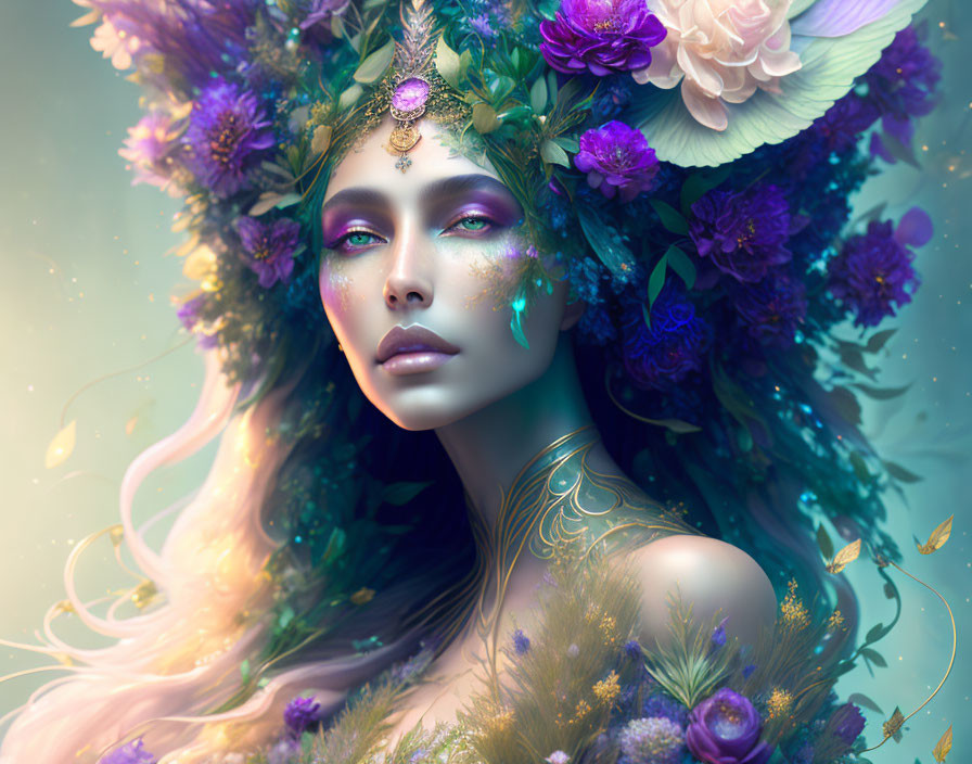 Violet-skinned mystical female surrounded by flowers and butterflies