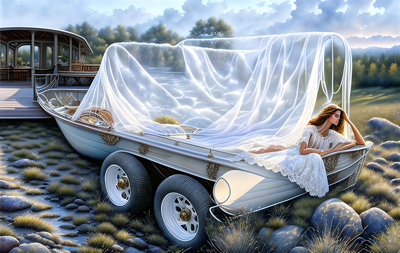 Woman reclining in boat with wheels near gazebo in tranquil landscape