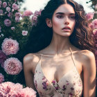 Dark-haired woman in floral dress surrounded by pink roses gazes serenely.