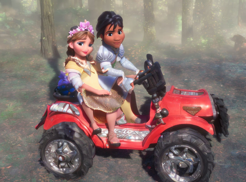 Animated characters in pink dress and tiara ride ATV in sunlit forest