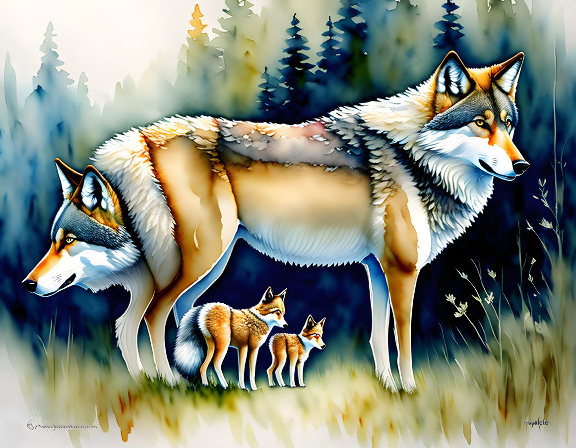 Illustration of adult wolves and cubs in woodland with pine trees and mist