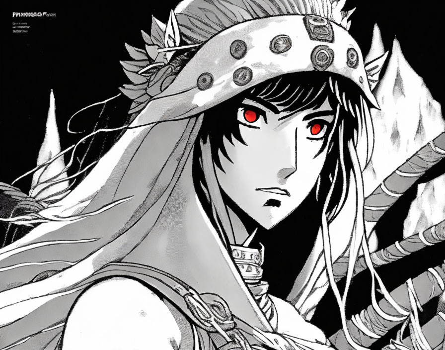 Monochrome character illustration with red eyes and feathered headpiece