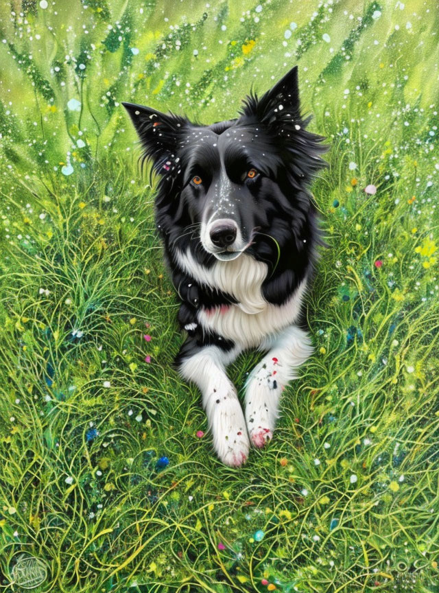 Vibrant green field with Border Collie dog and dandelion seeds