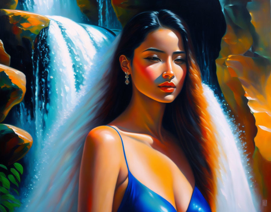 Woman with flowing hair in blue dress by scenic waterfall