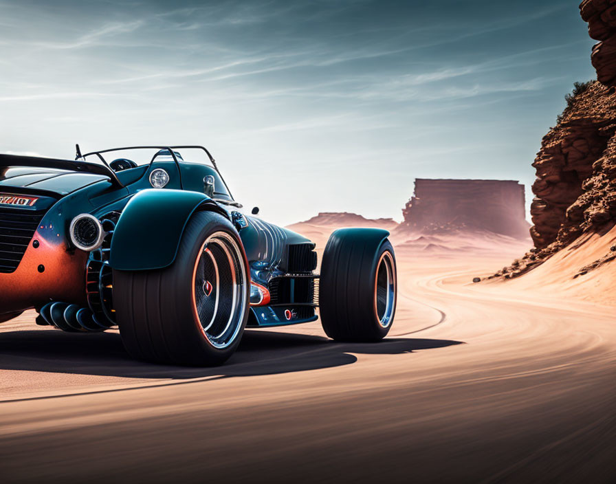 Black Sports Car Driving on Desert Road with Red Rock Formations