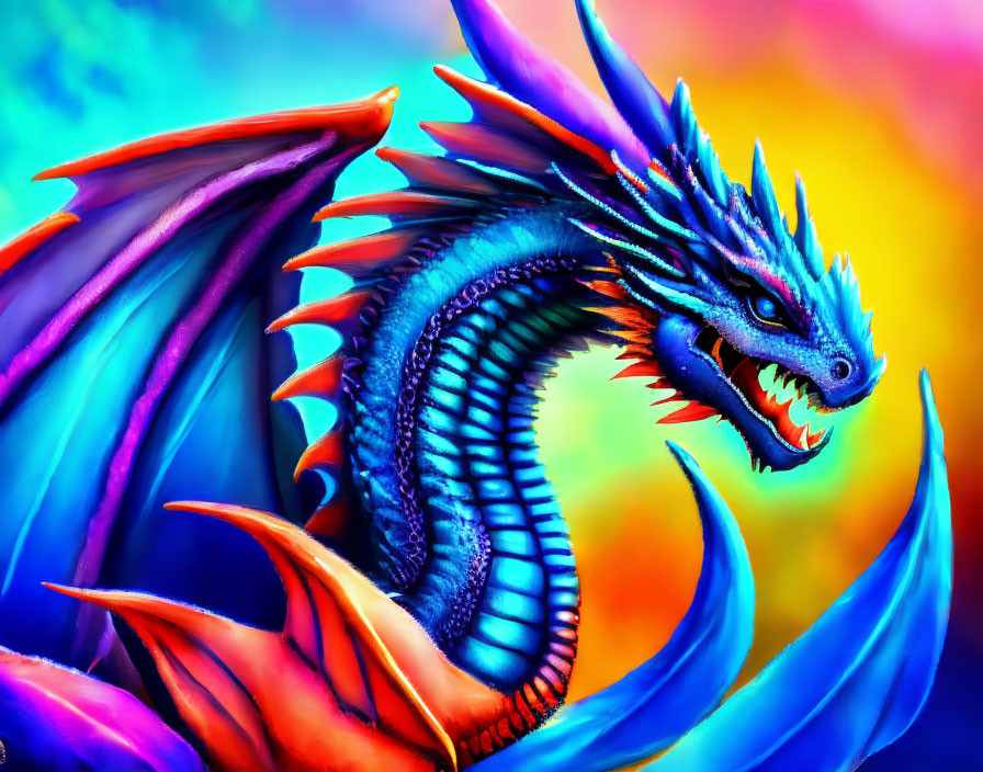 Blue dragon illustration with majestic wings and piercing eyes on colorful background