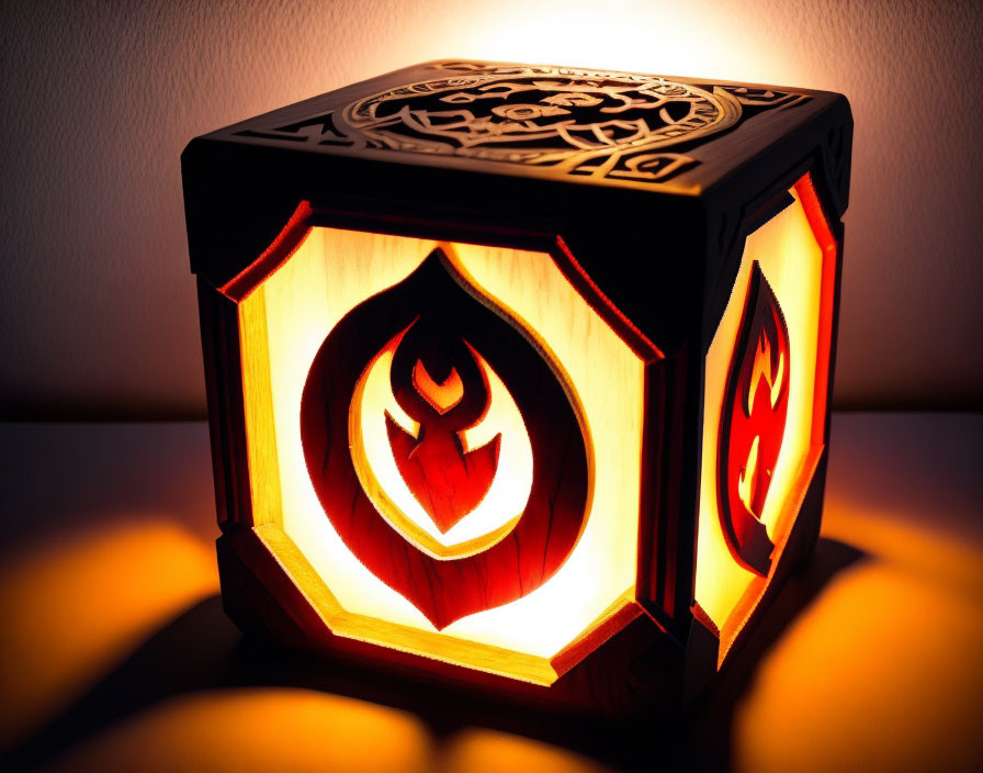 Wooden Cube-Shaped Lamp with Intricate Cutouts and Warm Orange Glow