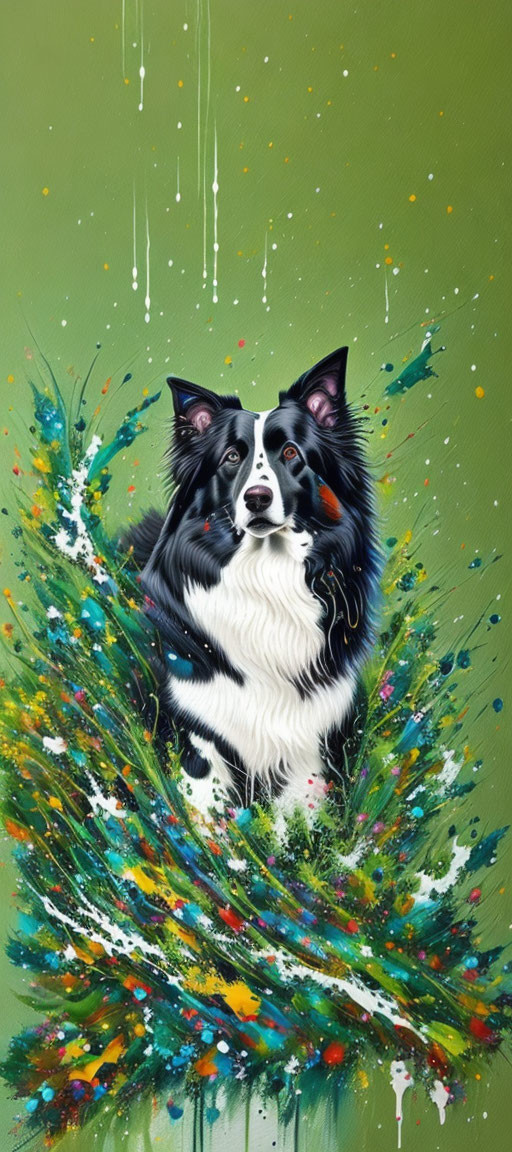 Colorful Border Collie Artwork with Vibrant Paint Splashes on Green Background