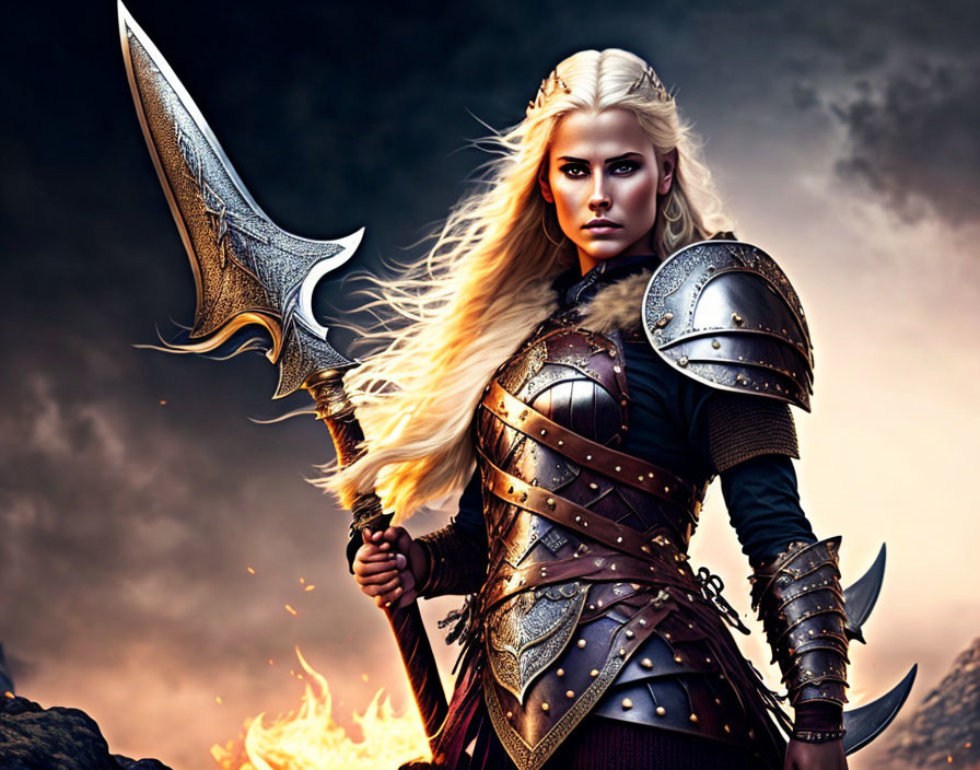 Blonde warrior woman in dark armor wields intricate sword amid stormy sky and flames