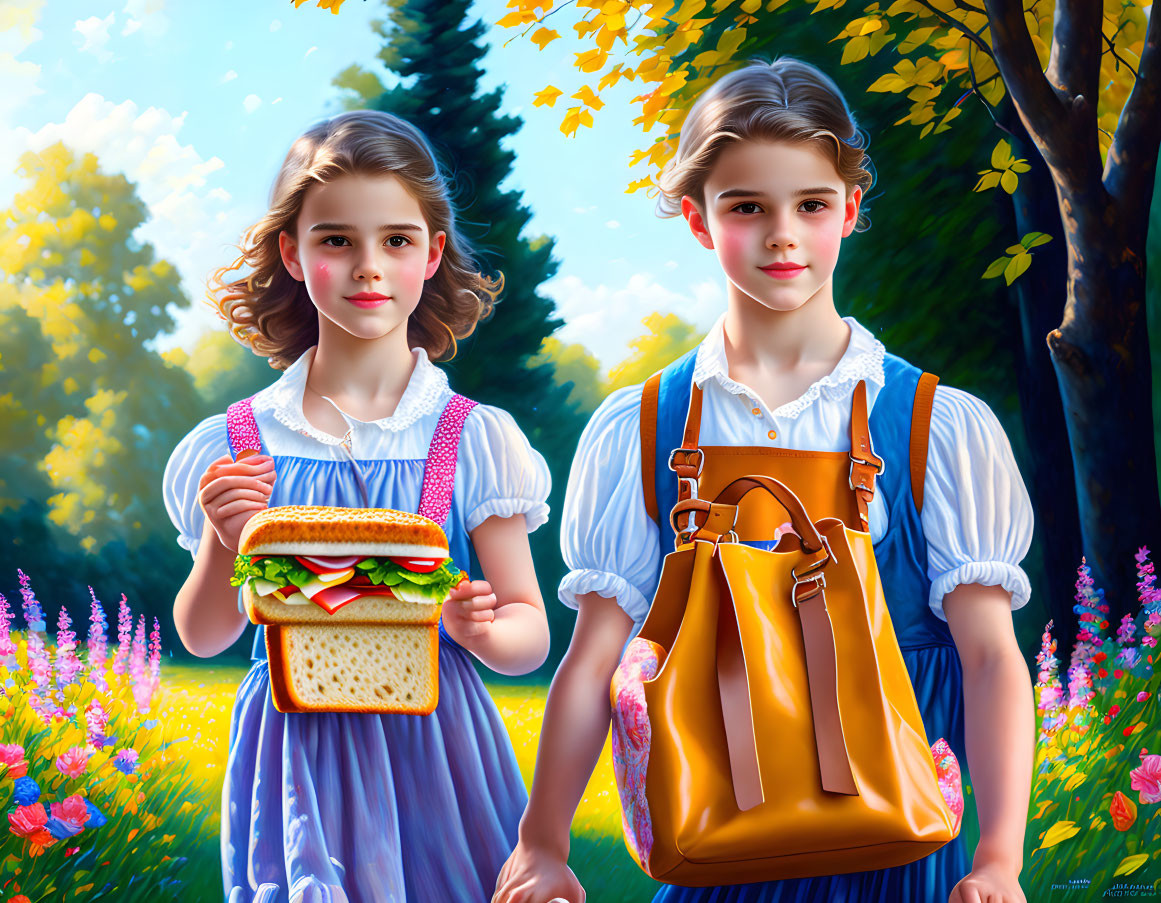 Children in vintage clothing with giant sandwich and yellow backpack in sunny meadow