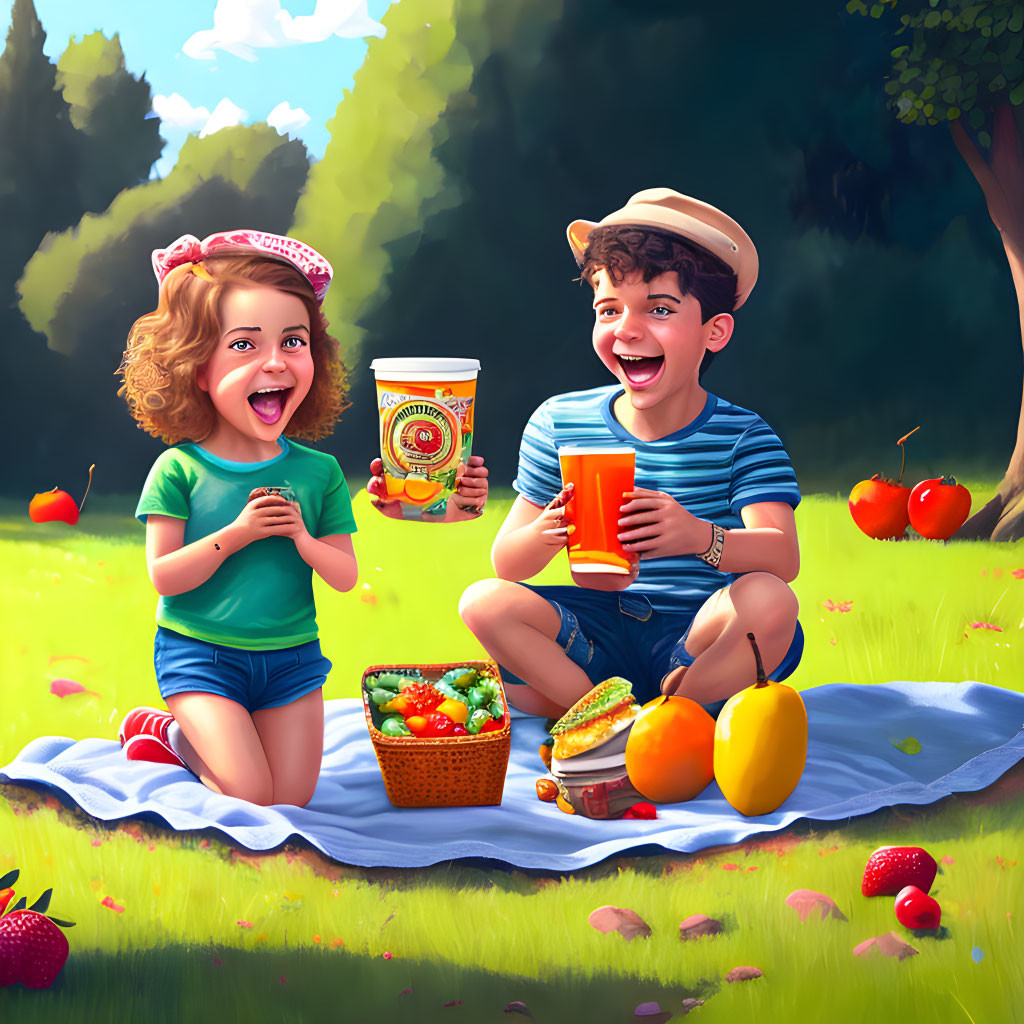 Children enjoying picnic with fruit basket in sunny grassy landscape