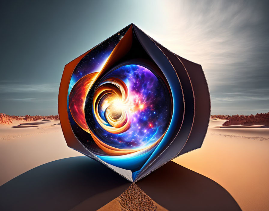 Surreal 3D Art: Cosmic Scene in Cubic Form Over Desert