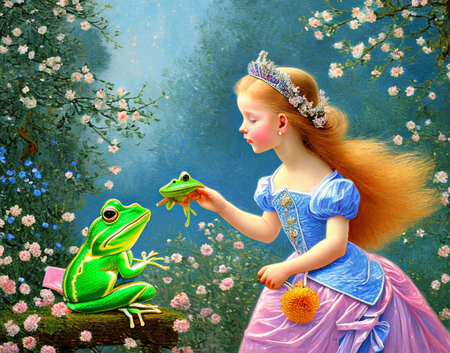 Young girl in blue dress with tiara reaching for green frog in dreamy setting