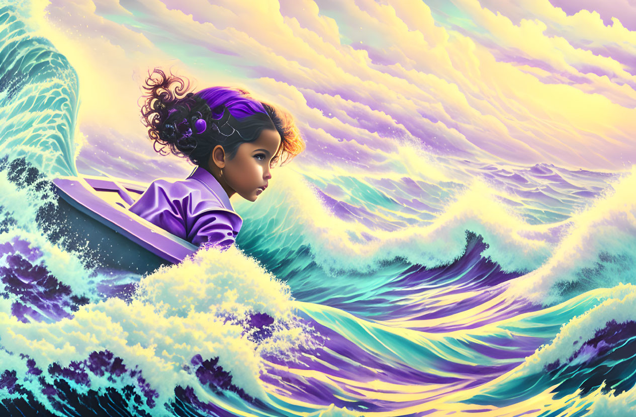 Young girl in purple attire surfing under dramatic sky